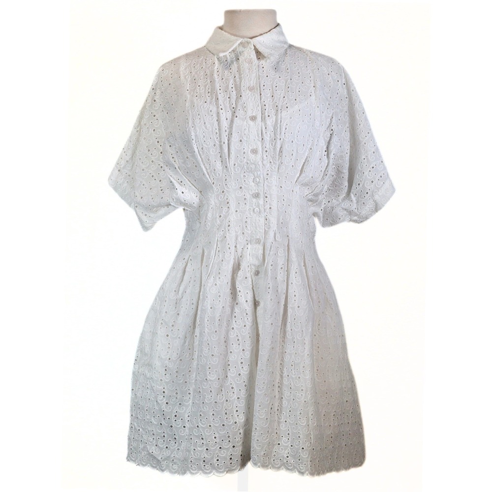 Exquise Anthropologie Tobie Mini Shirt Dress Womens L White Eyelet Puff  Boho